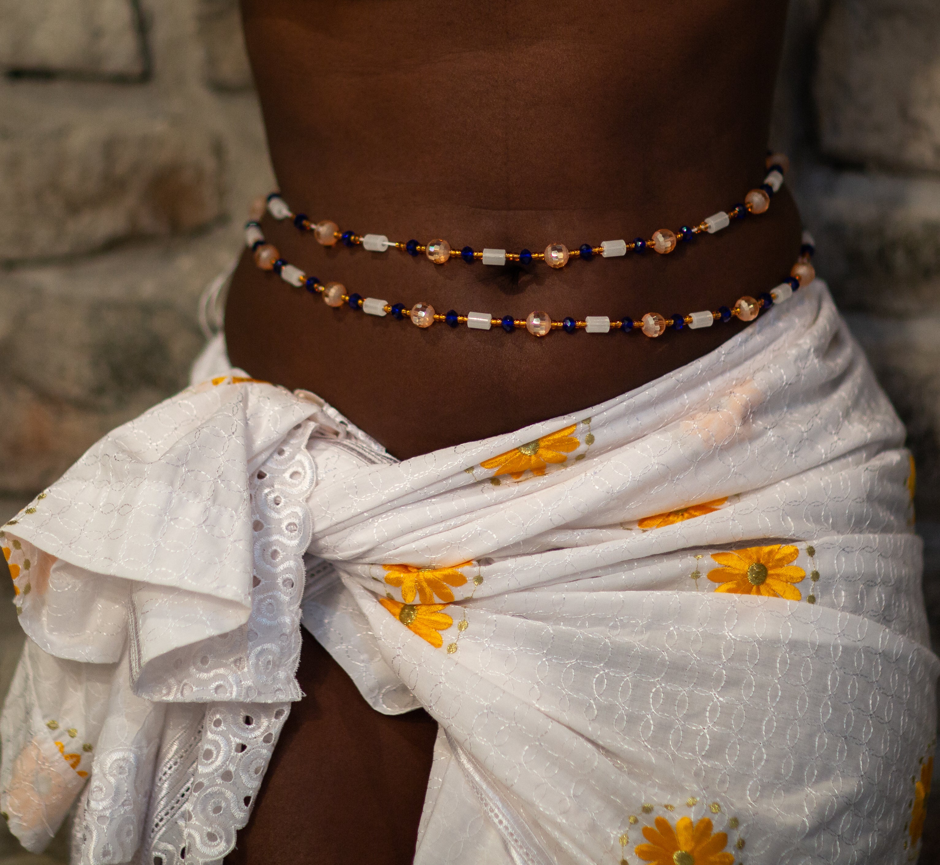 Rose gold and blue waist beads tie on