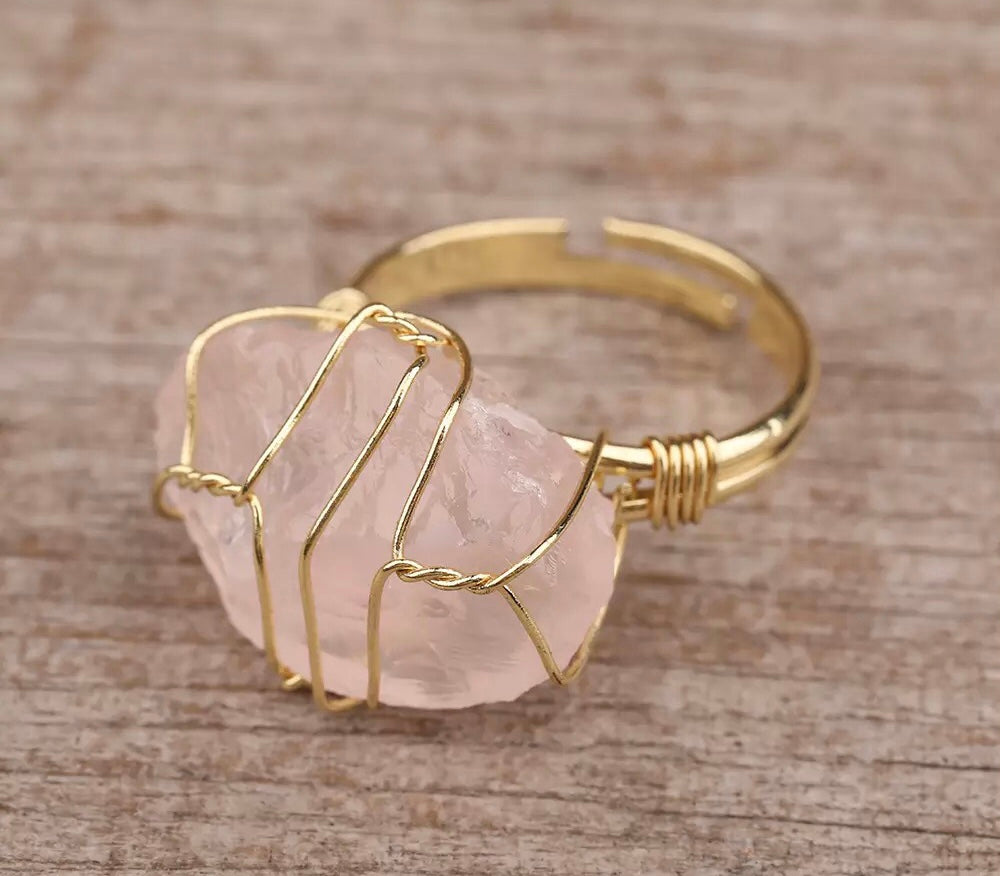 raw rose quartz ring